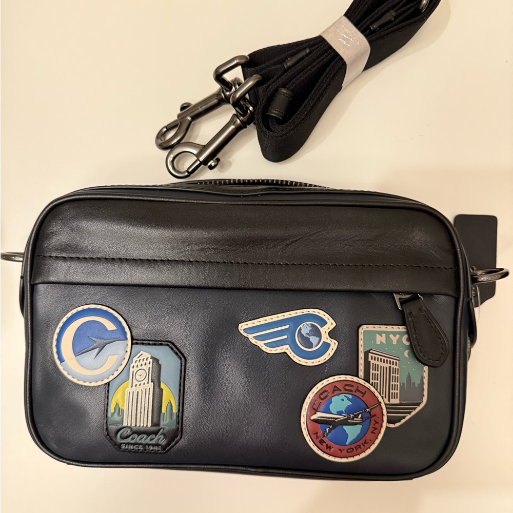 Coach Men’s Crossbody Bag with Travel Patchwork – Black/Navy Leather New! - Picture 6 of 9
